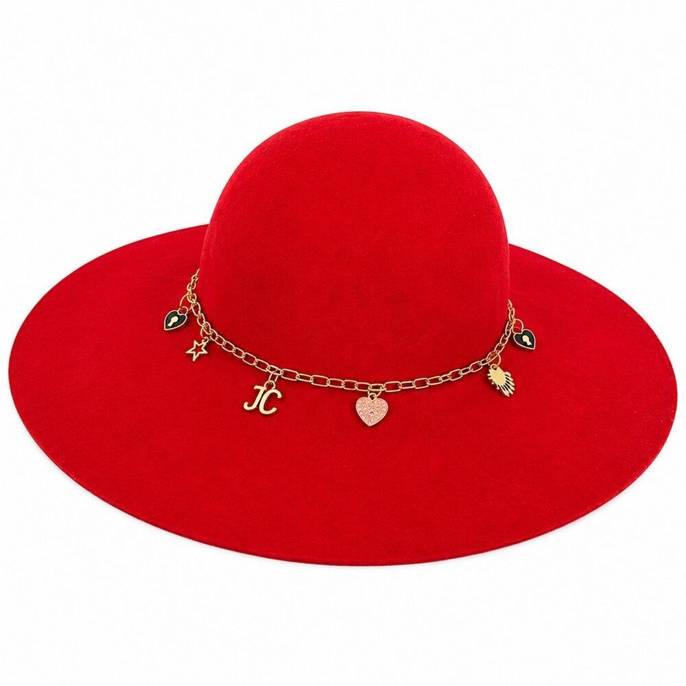 Juicy Couture Red Floppy Wide Brim Felt Hat Gold Charm Chain One Size